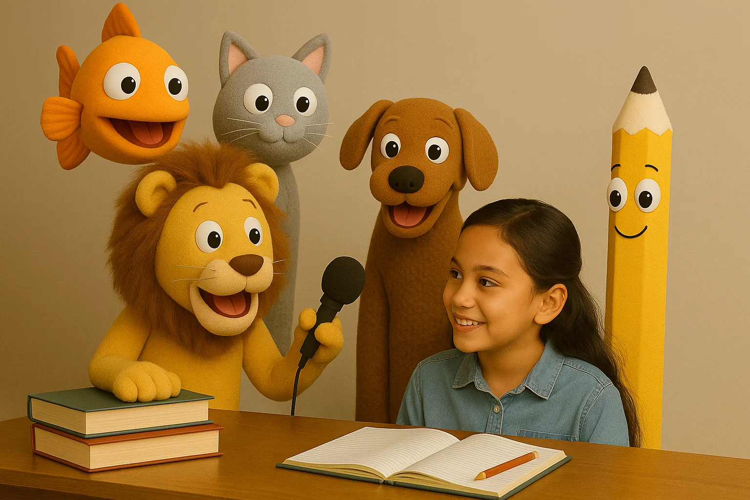 Three puppet characters beside a child using the Puppet Interview app